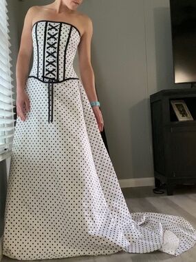 White - Black Polka Dot Prom Dress